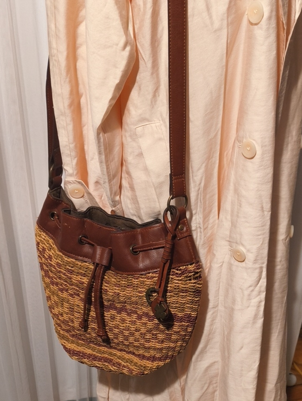 Lucky Brand Woven Straw Bucket Bag with Brown Leather Trim